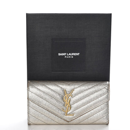 Saint Laurent Metallic Crackled Calfskin Matelasse Chevron Monogram Flap Wallet Gold 13 of 13