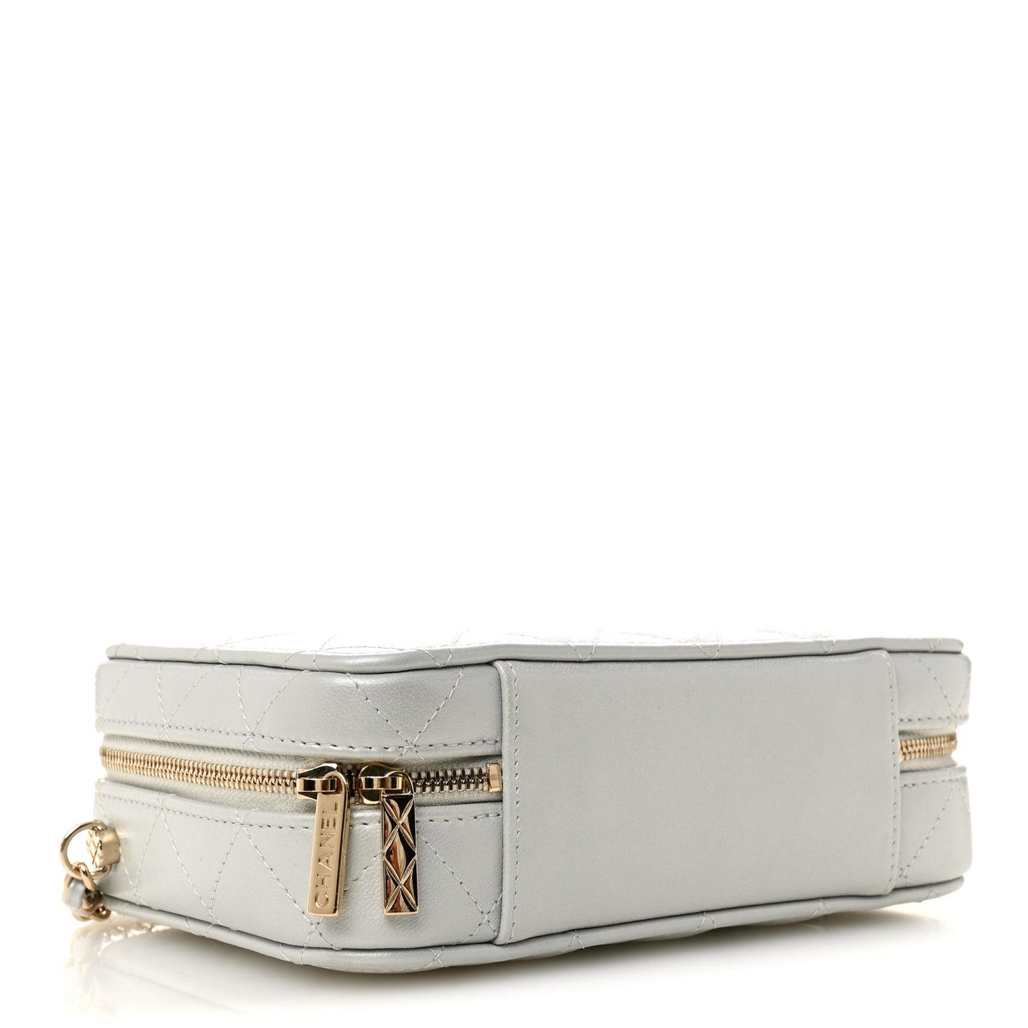 Metallic Lambskin Quilted Top Handle Vanity Case Silver
