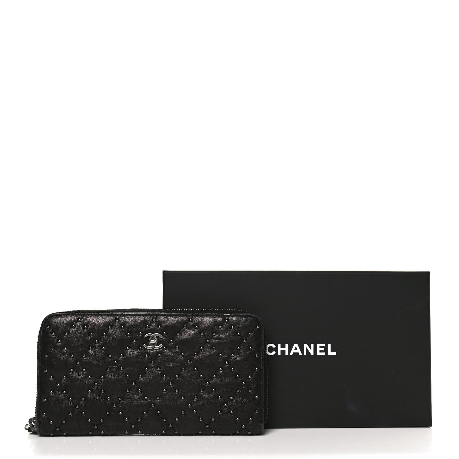 Chanel Crumpled Lambskin Studded Paris Dallas Zip Around Wallet Black 13 of 13