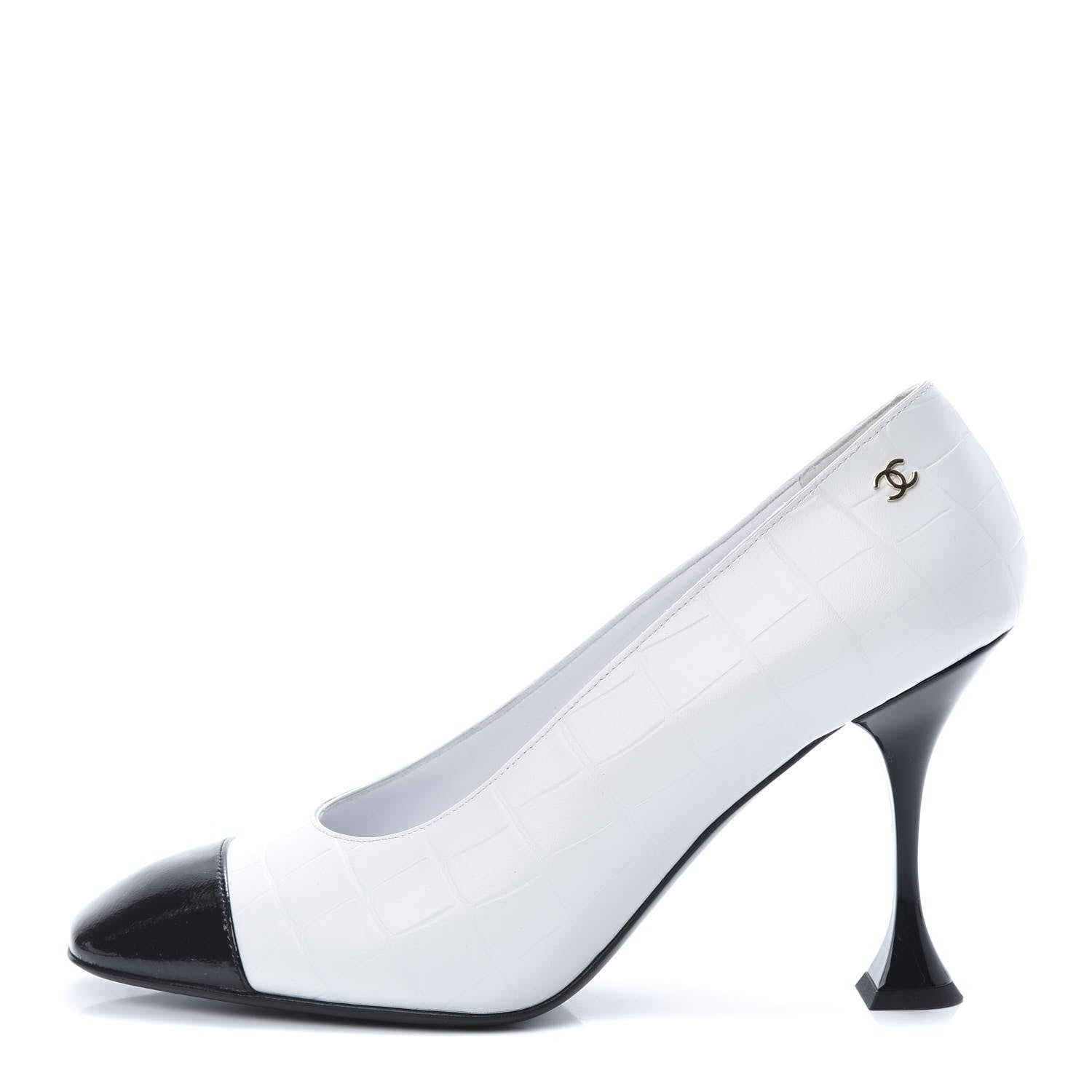 Chanel Crocodile Embossed Calfskin Cap Toe CC Pumps 39.5 Black White 1 of 10