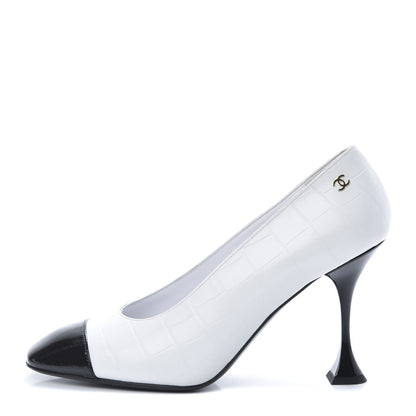 Chanel Crocodile Embossed Calfskin Cap Toe CC Pumps 39.5 Black White 1 of 10