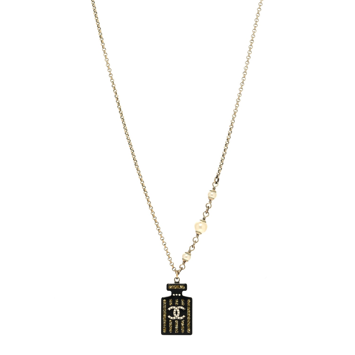Chanel Pearl Resin Strass Perfume Bottle CC Necklace Black Gold 1 of 6