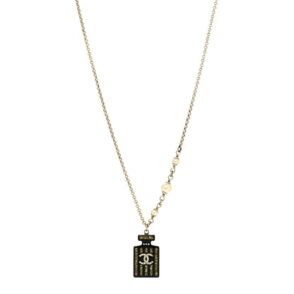 Chanel Pearl Resin Strass Perfume Bottle CC Necklace Black Gold 1 of 6