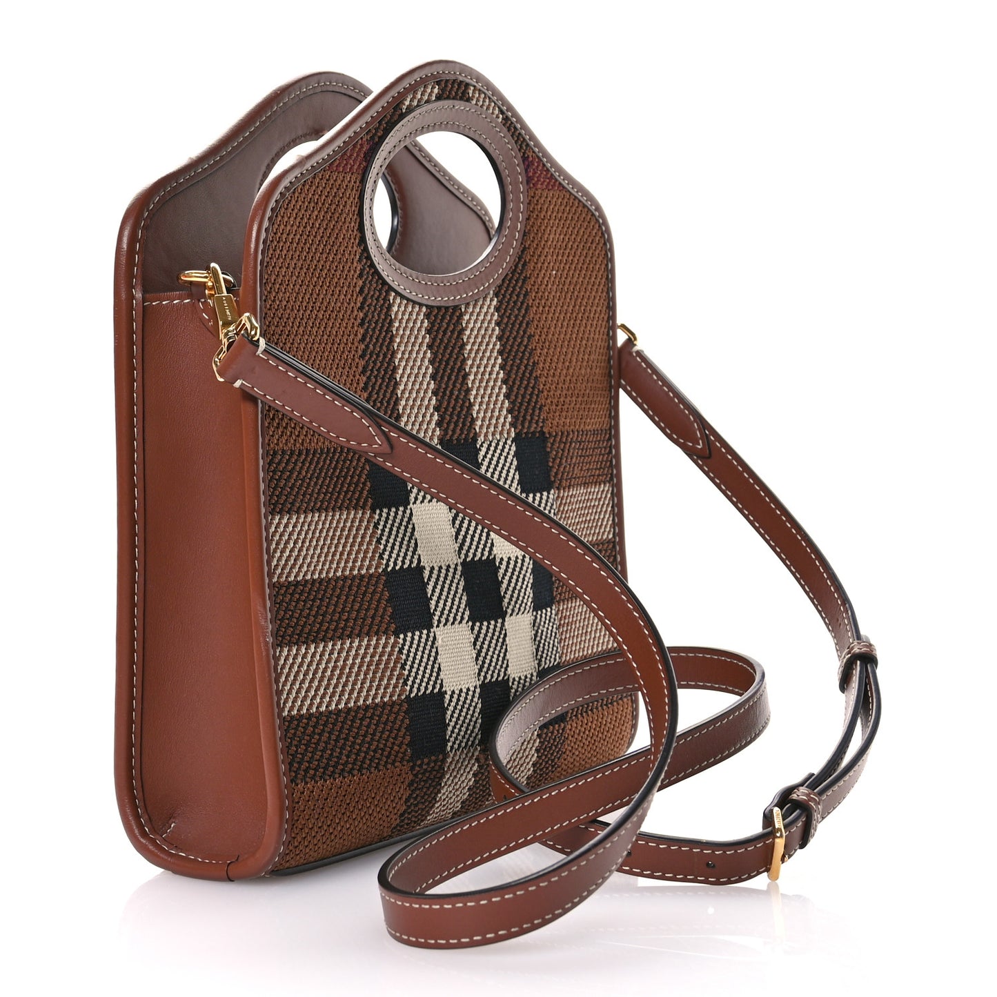 Smooth Calfskin Canvas Check Mini Pocket Bag Dark Birch Brown