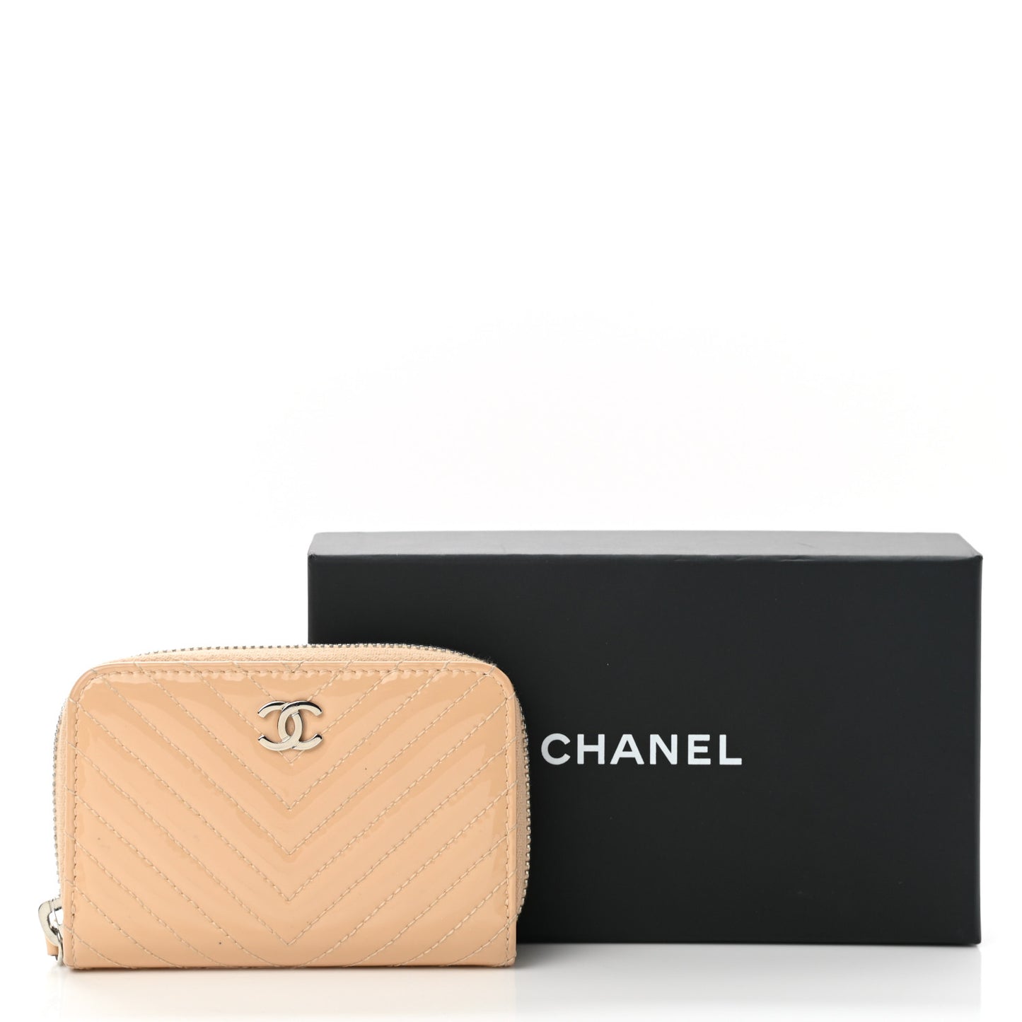 Patent Chevron Quilted Zip Around Coin Purse Beige