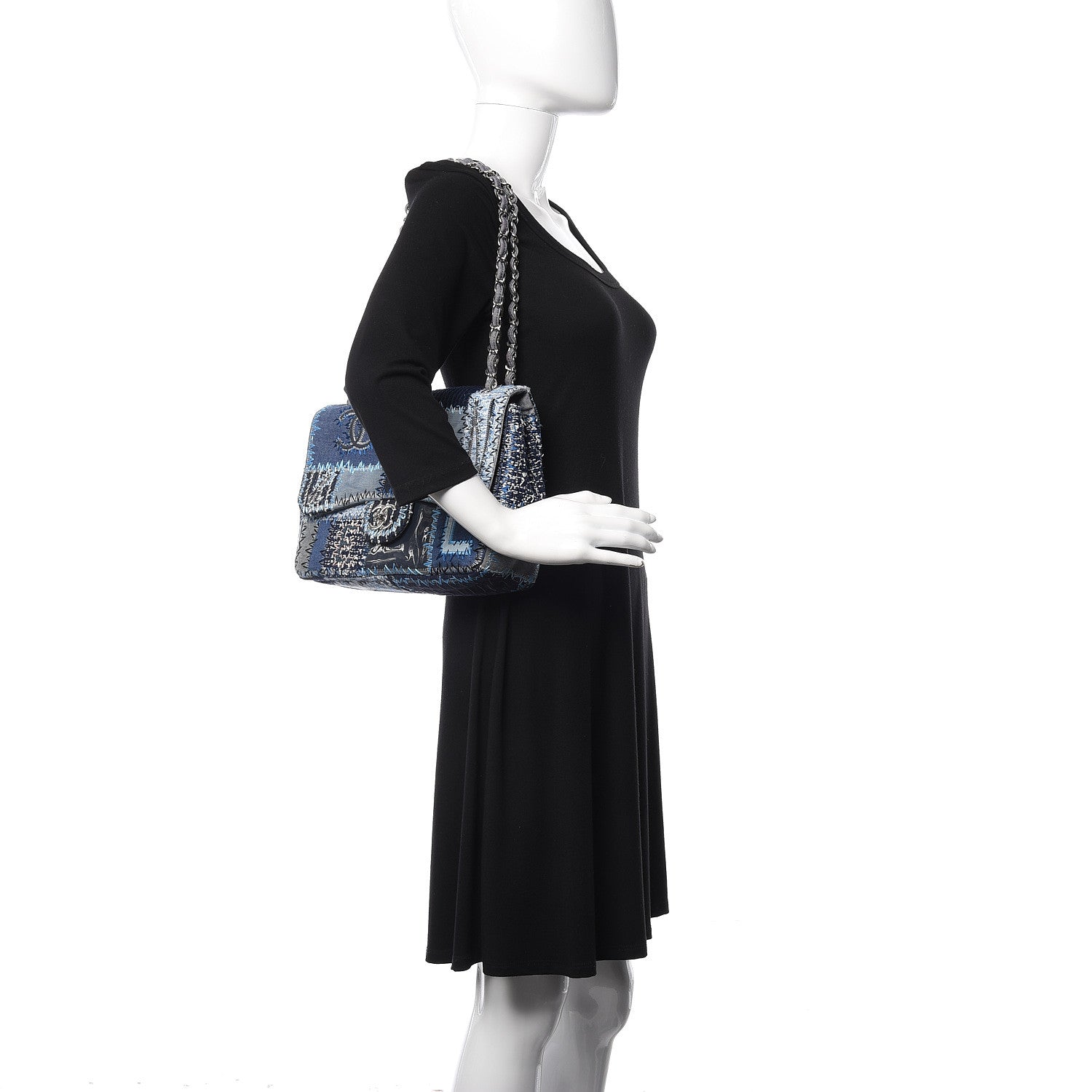 Chanel Denim Tweed Patchwork Jumbo Single Flap Blue 2 of 10