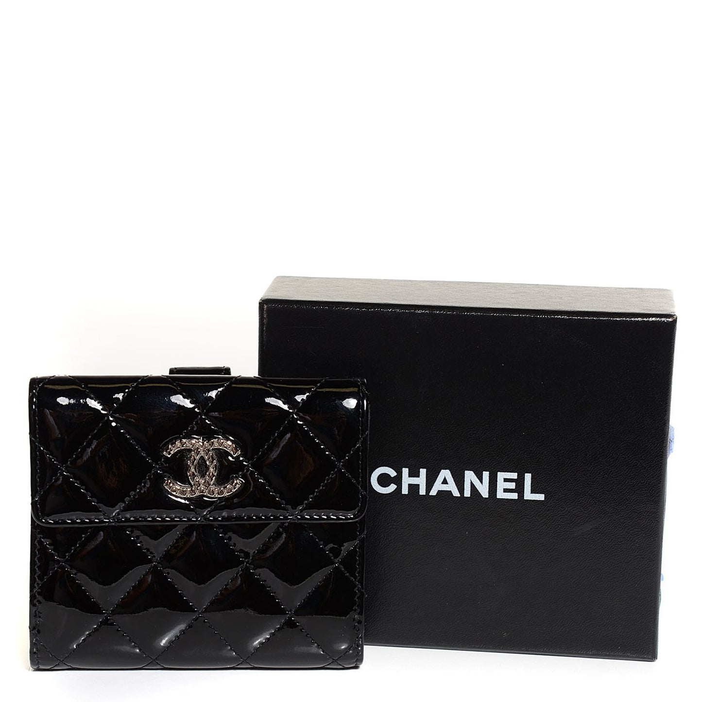 Patent Quilted Brilliant French Flap Wallet Black