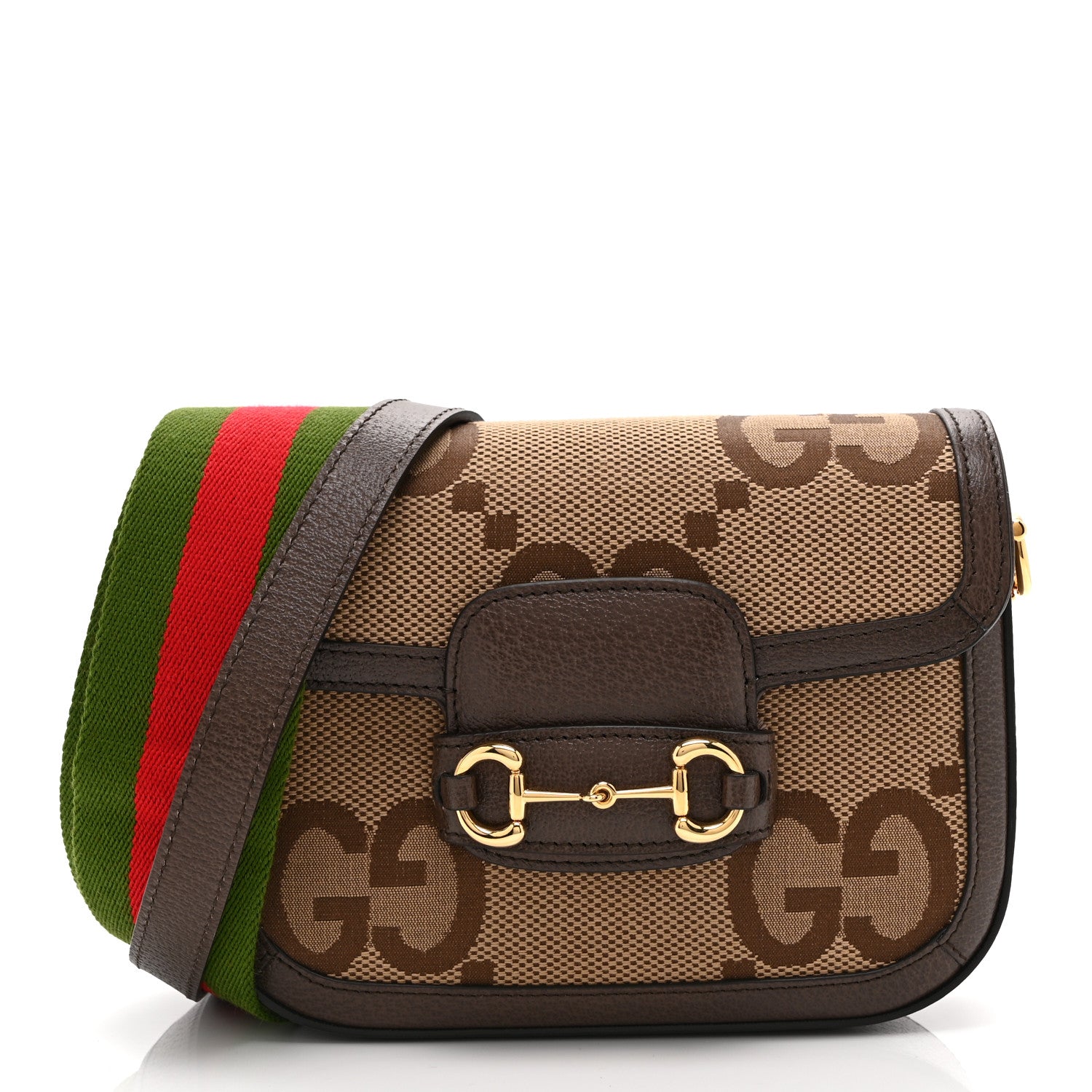 Gucci Monogram Jumbo GG Textured Dollar Calfskin Web Mini Horsebit 1955 Shoulder Bag Camel Ebony New Acero 1 of 11