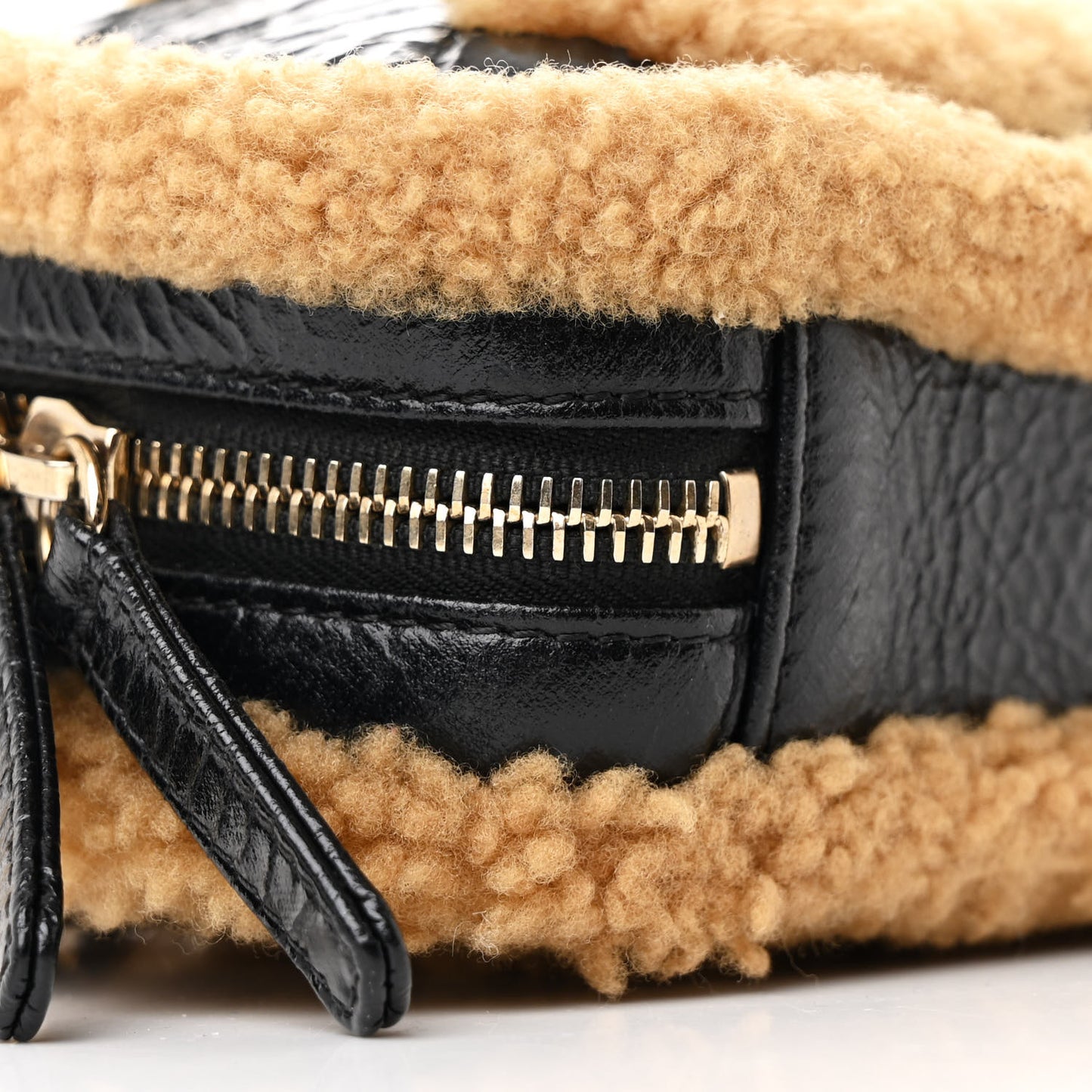 Shiny Crumpled Sheepskin Shearling Waist Bag Black Beige