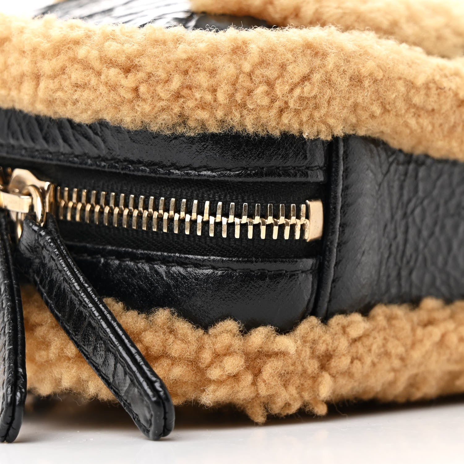 Chanel Shiny Crumpled Sheepskin Shearling Waist Bag Black Beige 9 of 10