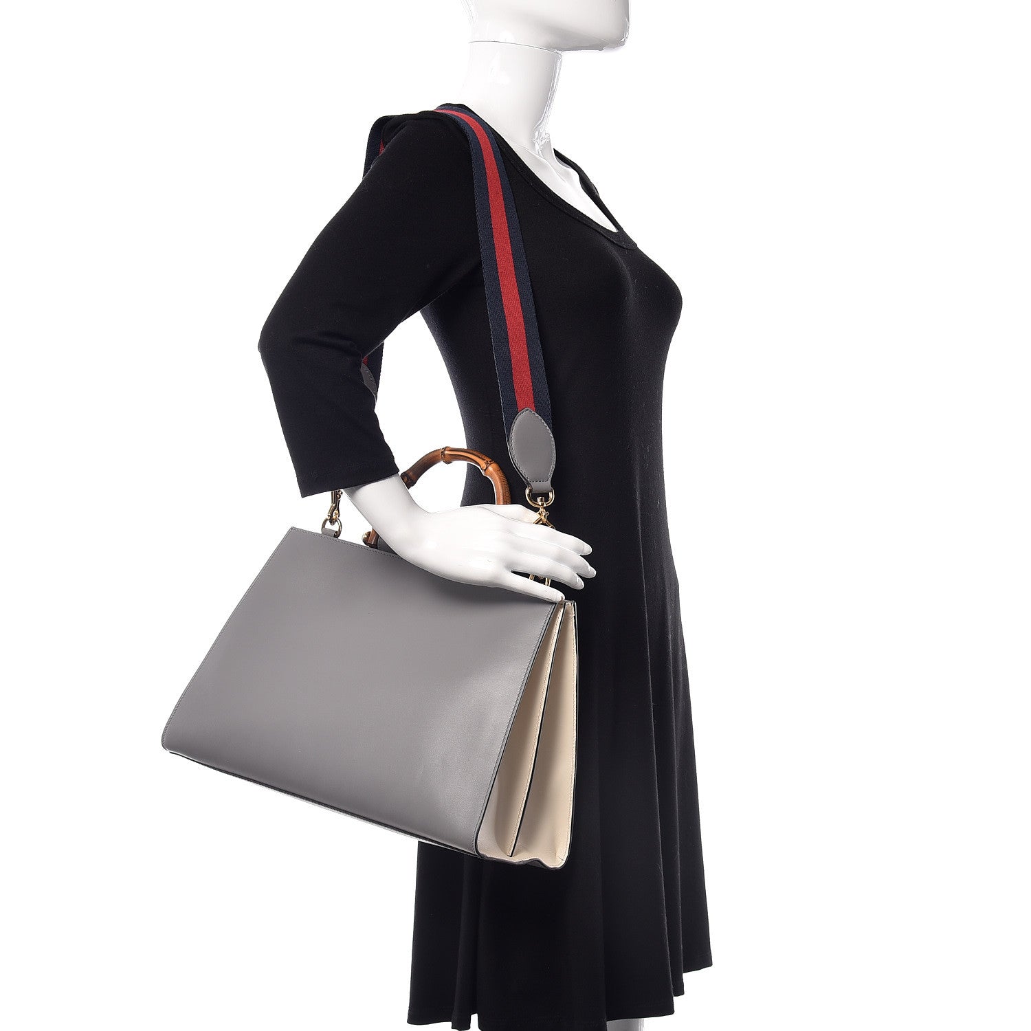 Gucci Nappa Bamboo Web Medium Nymphaea Top Handle Bag Deep Grey Mystic White 2 of 16