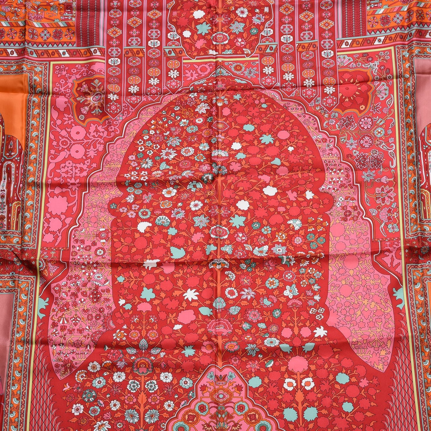Silk Twill Tapis Persans Giant Plume Scarf 140 Framboise Turquoise Orange
