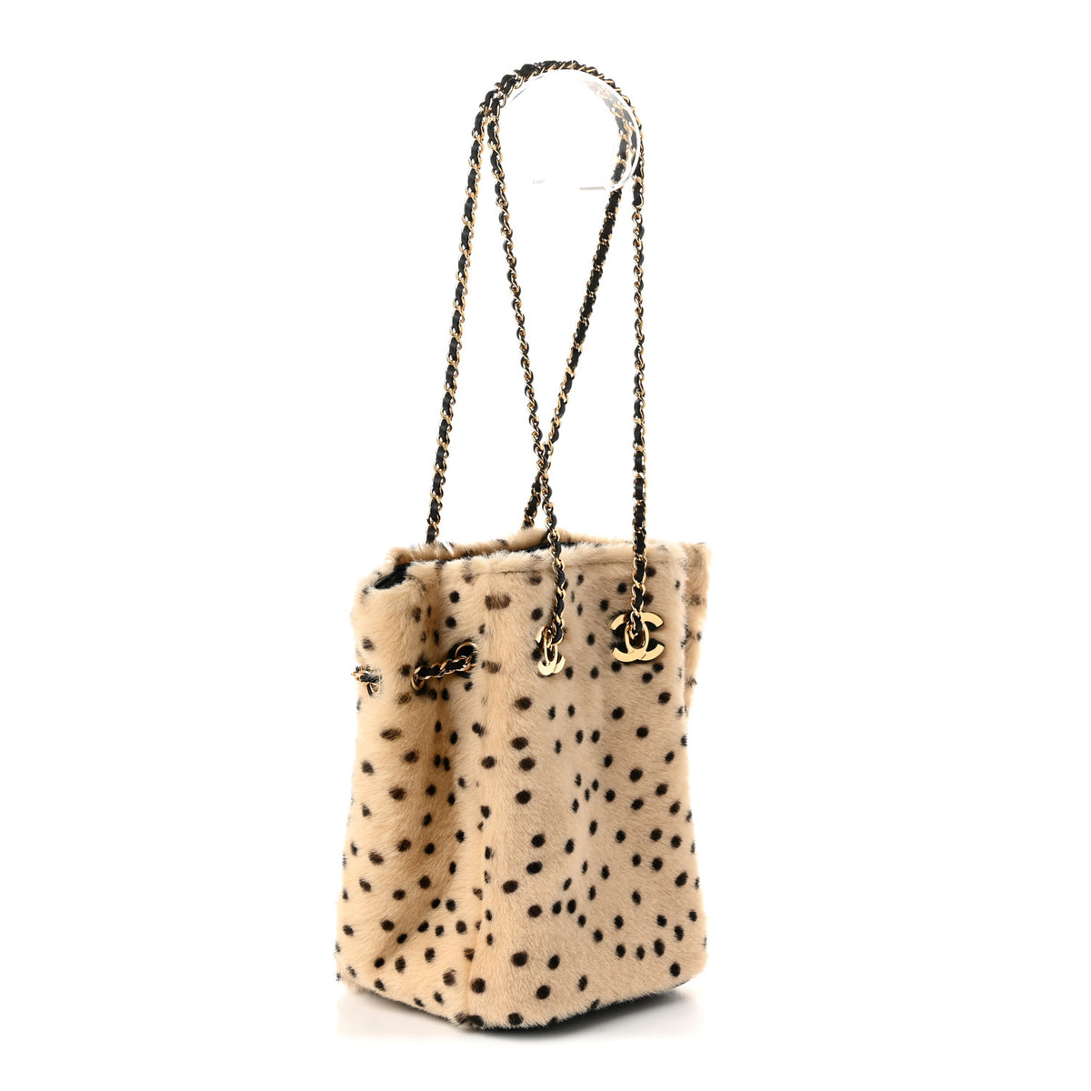 Pony Hair Cheetah Printed CC Chain Bucket Bag Light Beige Black