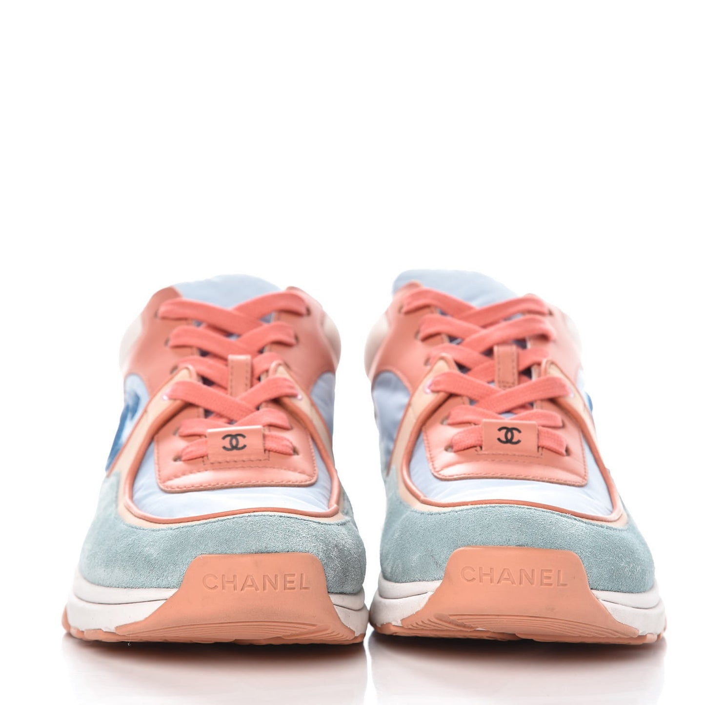 Nylon Lambskin Suede Calfskin CC Sneakers 37 Coral Light Blue White