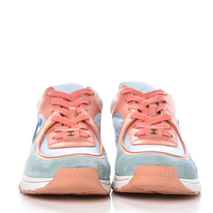 Chanel Nylon Lambskin Suede Calfskin CC Sneakers 37 Coral Light Blue White 2 of 13