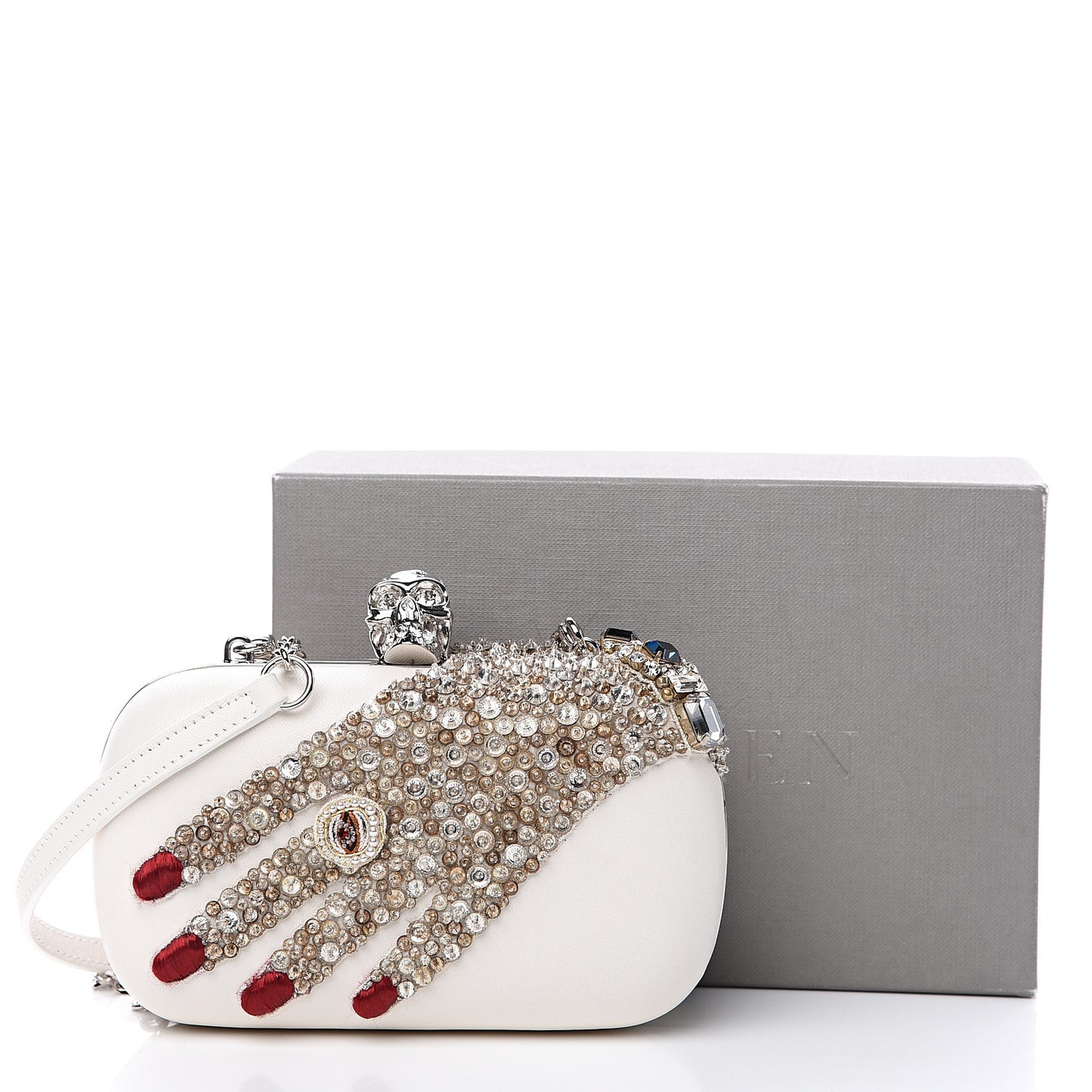Nappa Silk Hand Appliqued Skull Box Clutch Ivory