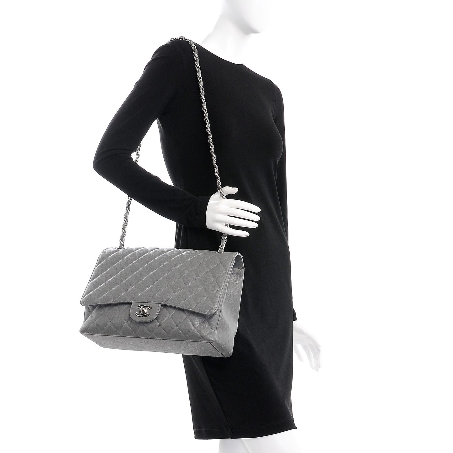 Caviar Quilted Maxi Single Flap Grey