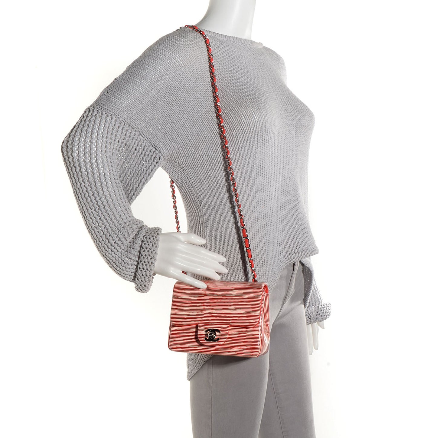Patent Calfskin Striped Mini Square Flap Red