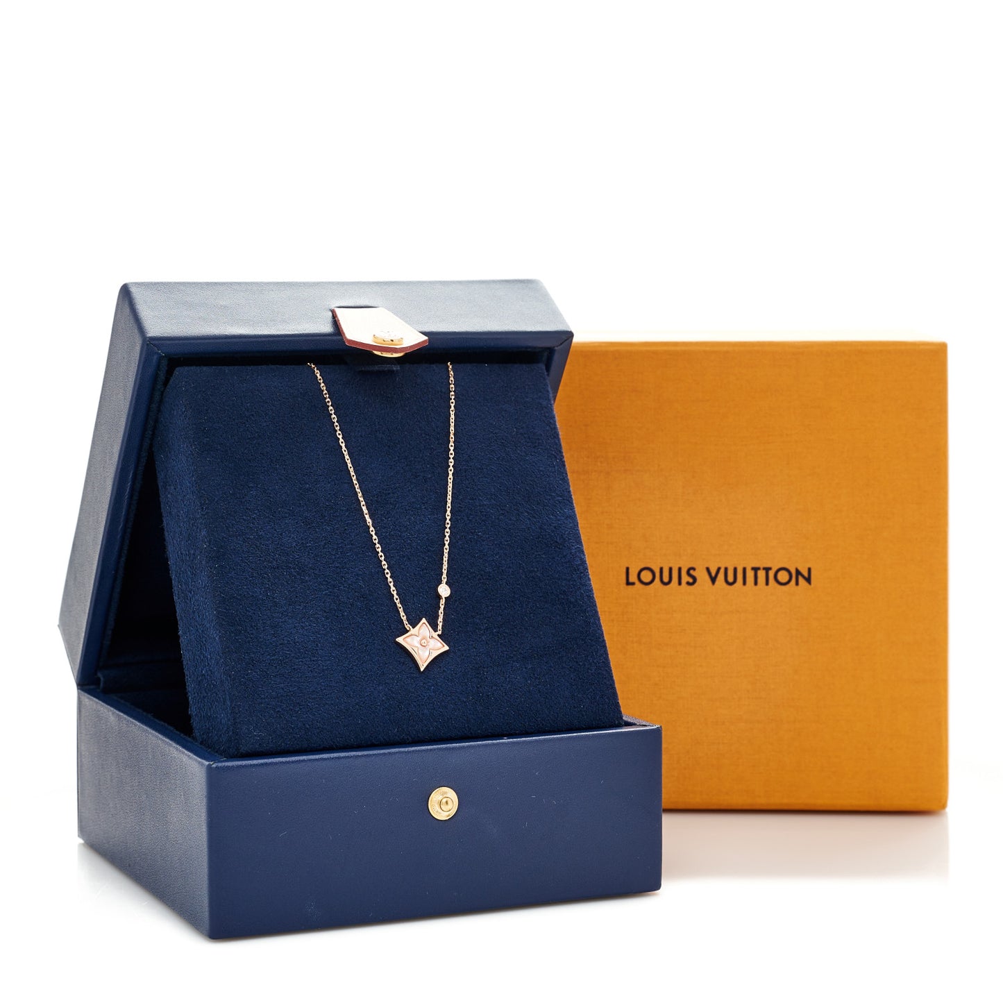 18K Pink Gold Diamond Pink Mother of Pearl Color Blossom BB Star Pendant Necklace
