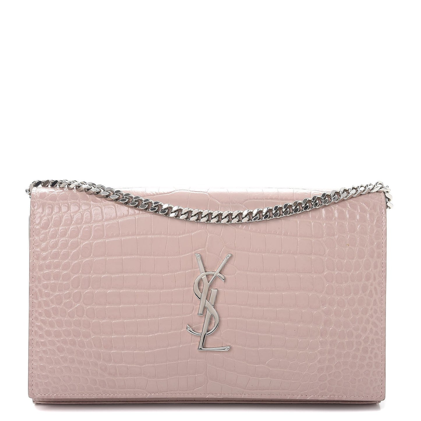 Calfskin Crocodile Embossed Monogram Chain Wallet Rose Antic