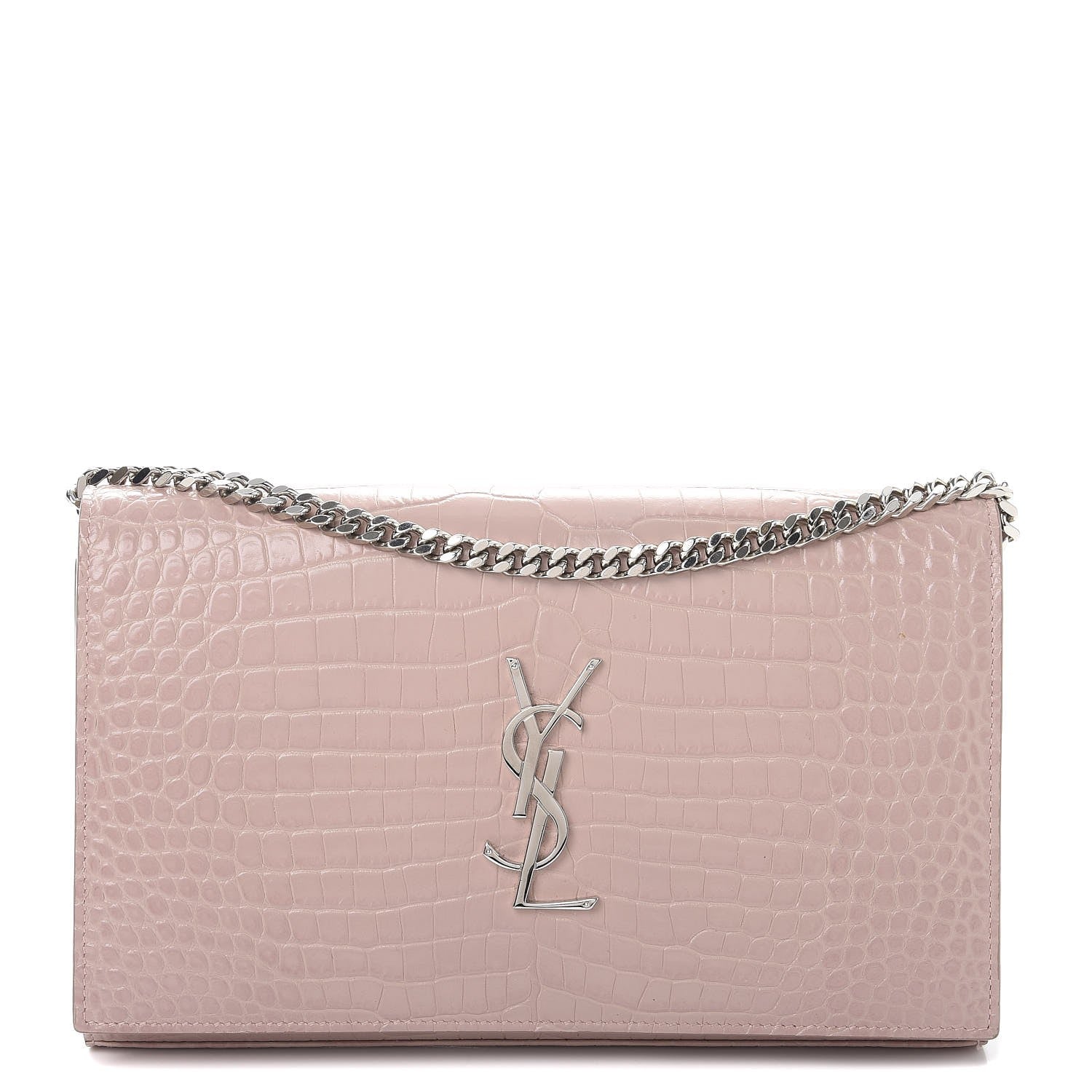 Saint Laurent Calfskin Crocodile Embossed Monogram Chain Wallet Rose Antic 1 of 11