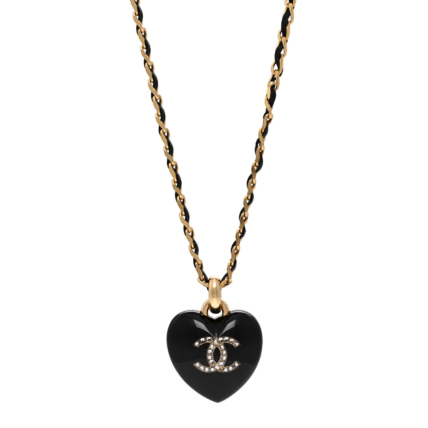 Chanel Lambskin Crystal Resin CC Heart Drop Necklace Gold Black 1 of 6