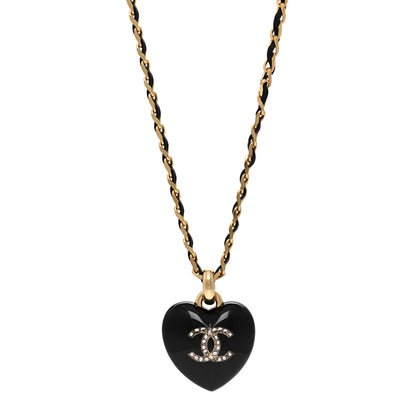 Chanel Lambskin Crystal Resin CC Heart Drop Necklace Gold Black 1 of 6
