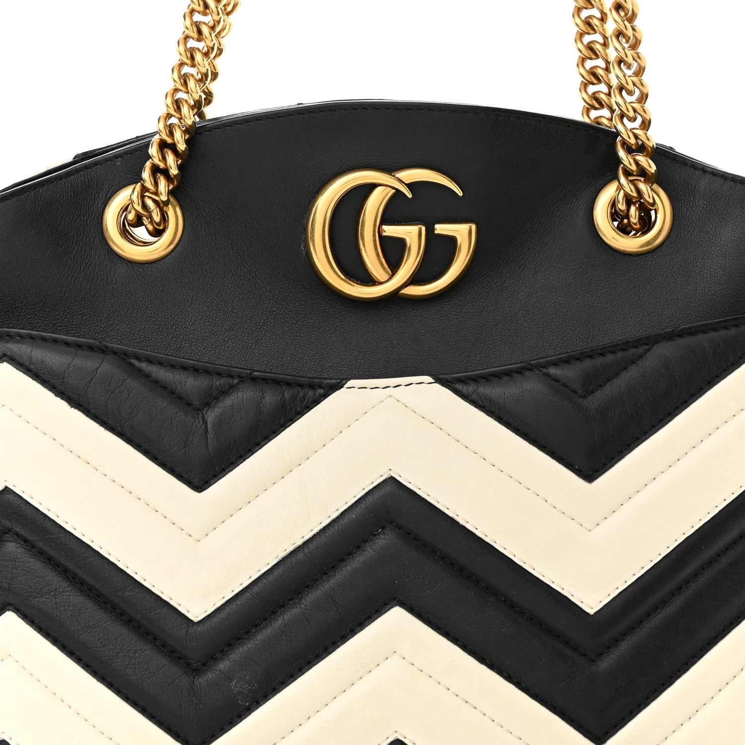 Gucci Calfskin Matelasse Medium GG Marmont Open Top Shoulder Bag Black White 8 of 12