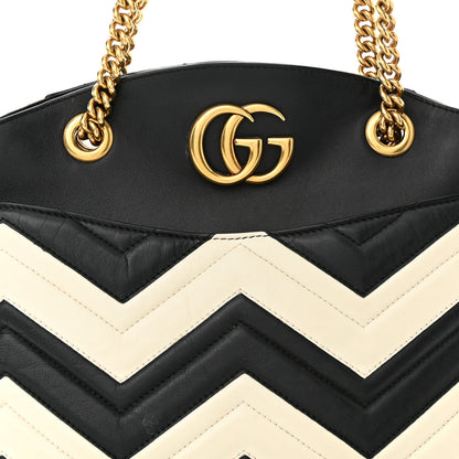Gucci Calfskin Matelasse Medium GG Marmont Open Top Shoulder Bag Black White 8 of 12