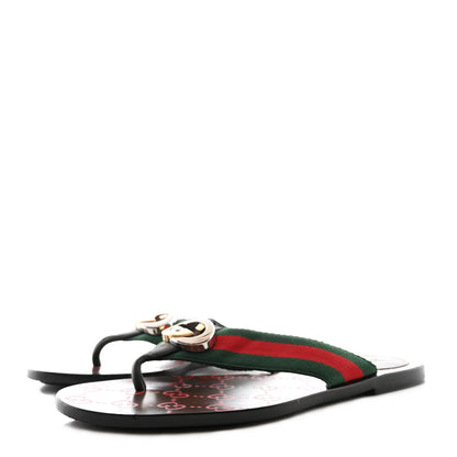 Gucci Nylon Calfskin Web GG Monogram Womens Thong Sandals 37 Green Red Cocoa 3 of 8