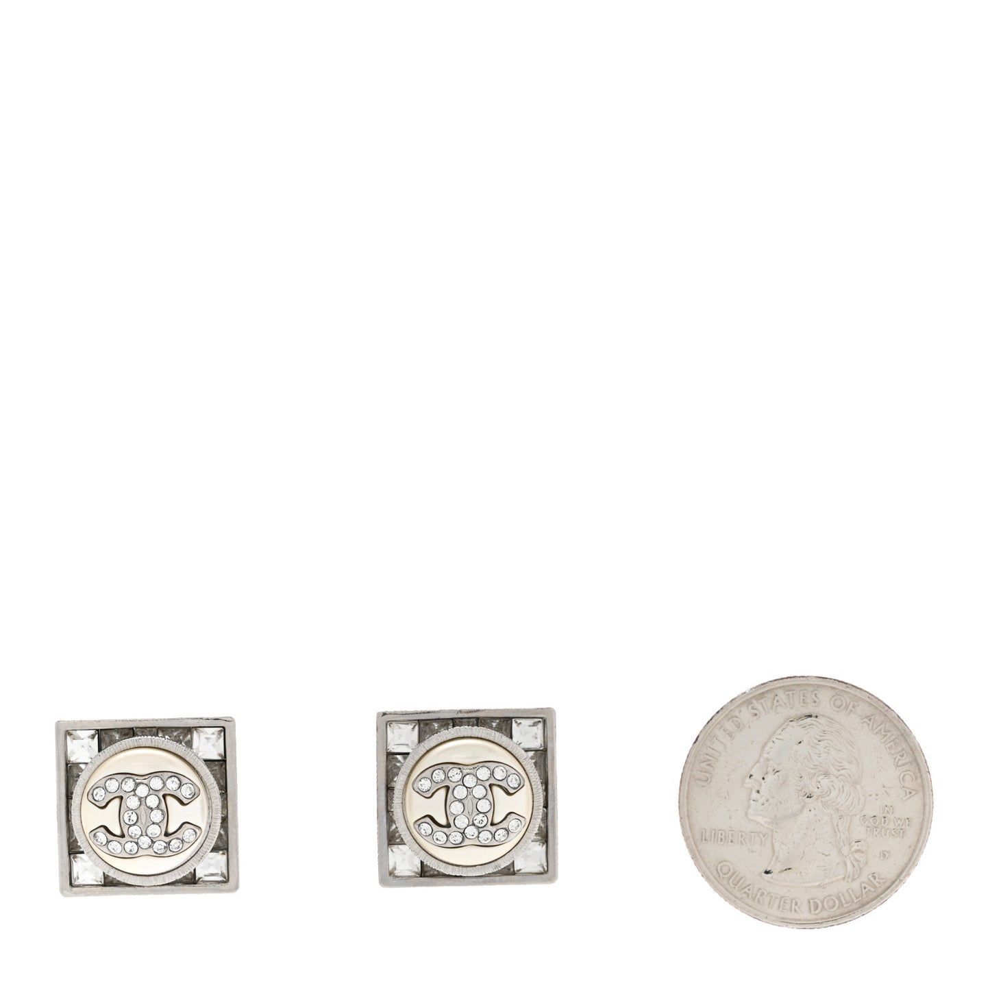 Pearl Baguette Crystal CC Square Earrings Silver White