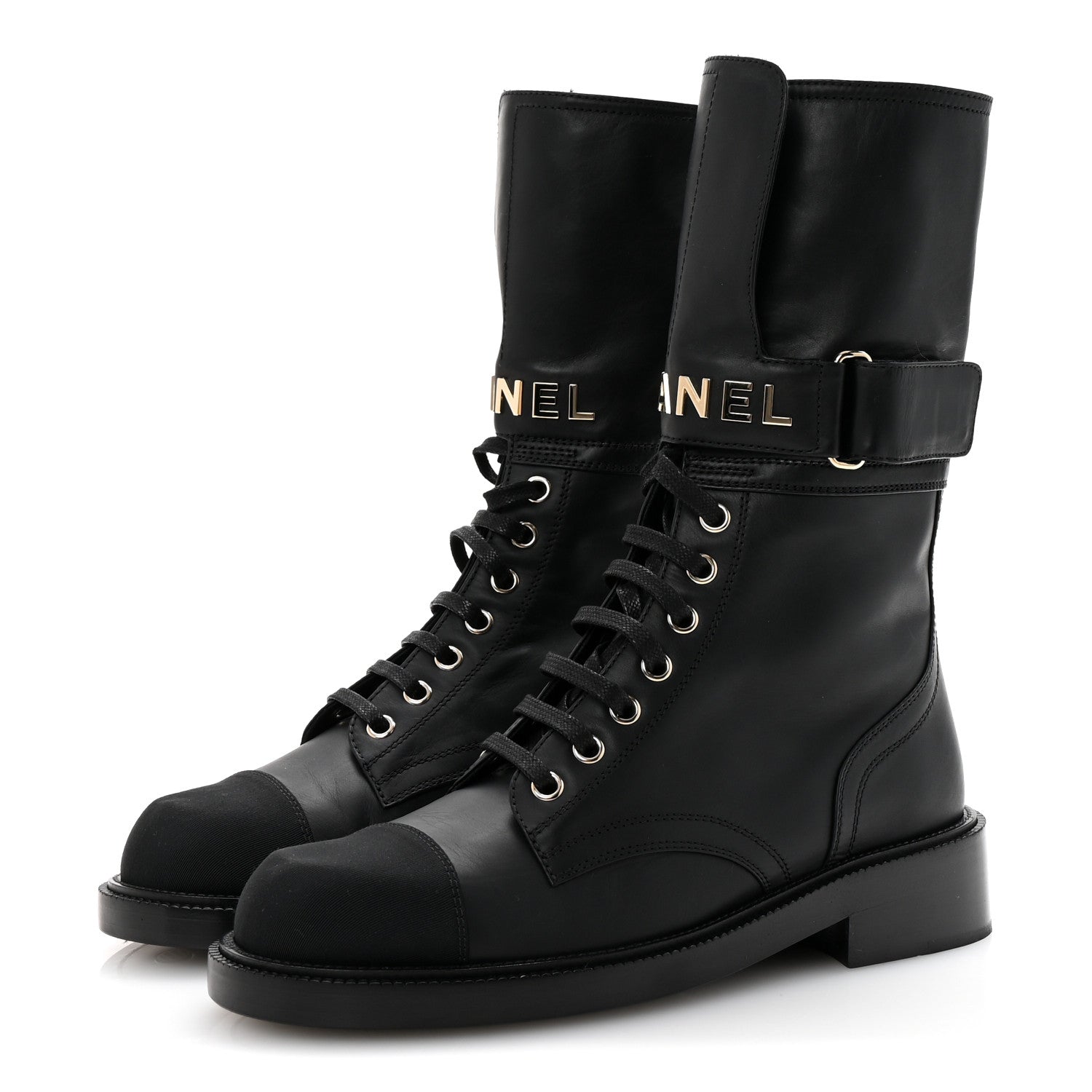 Chanel Shiny Calfskin Lace Up Combat Boots 38 Black 4 of 9