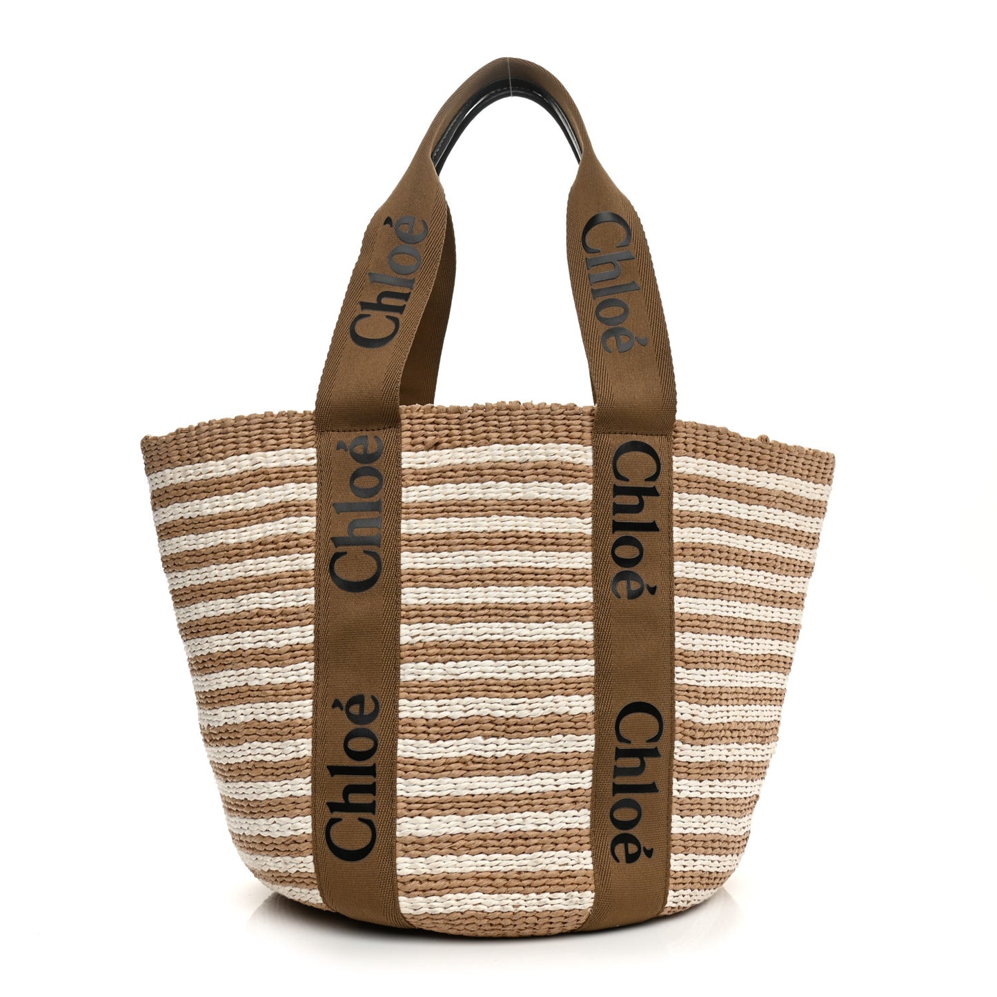 Raffia Calfskin Large Woody Striped Basket Bag Brown