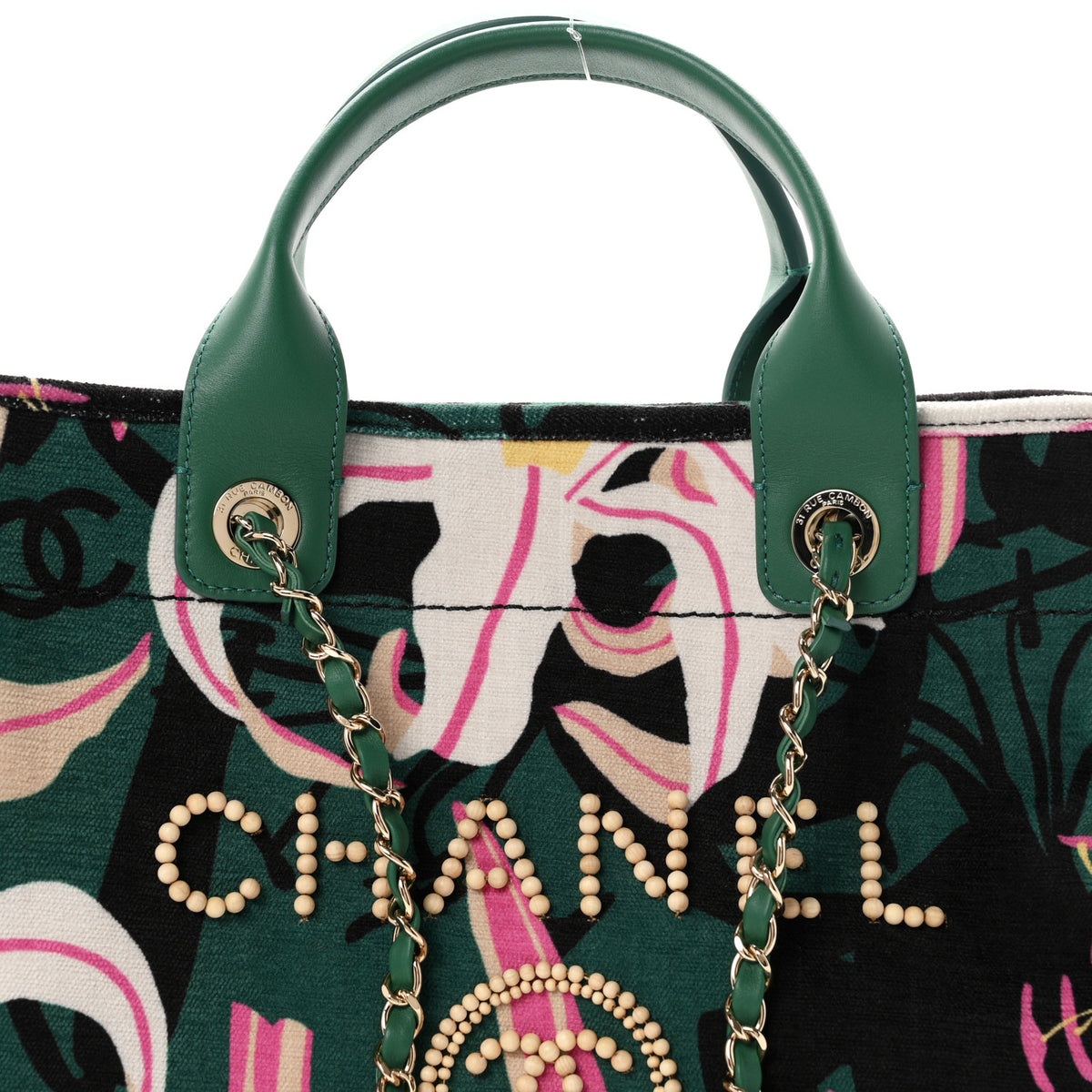 Chanel Velvet Calfskin Beaded Small Deauville Tote Pink Green Black 9 of 11