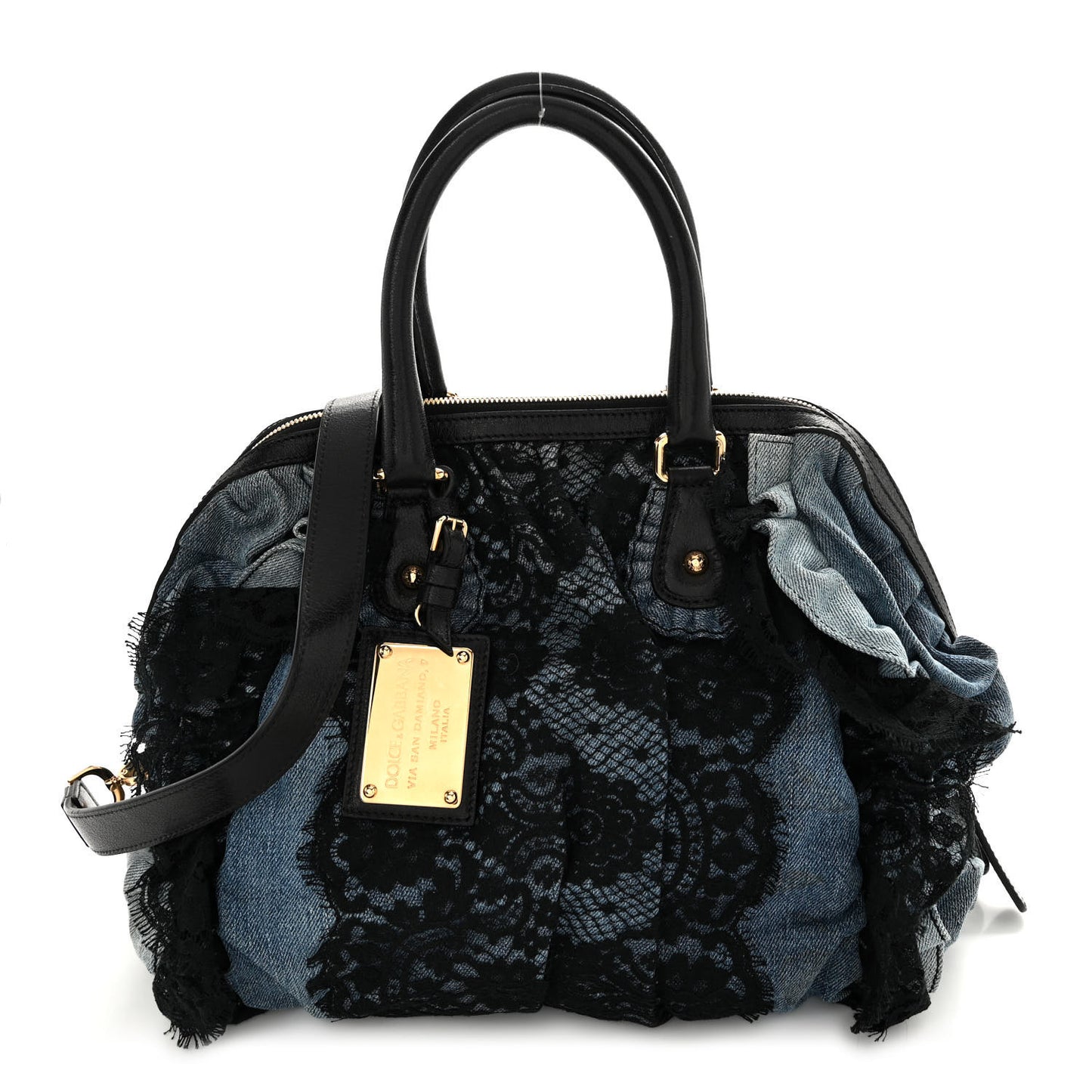 Denim Lace Calfskin Ruffled Miss Rouche Satchel Blue Black