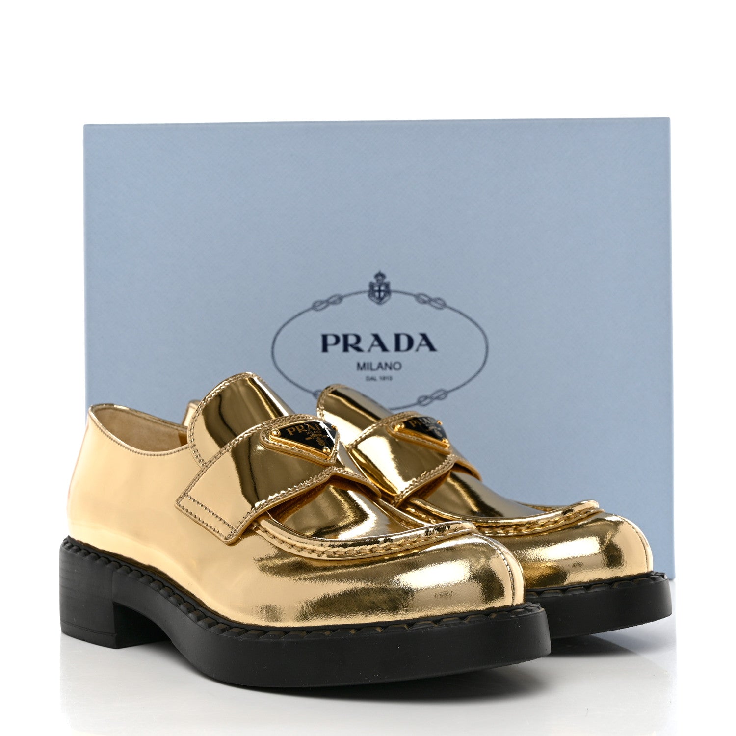 Prada Metallic Brushed Calfskin Metal Triangle Logo 50mm Loafers 39 Platino 7 of 7