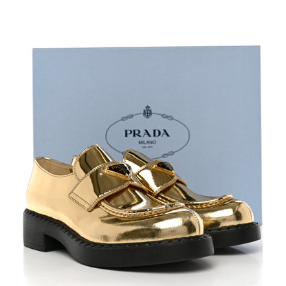 Prada Metallic Brushed Calfskin Metal Triangle Logo 50mm Loafers 39 Platino 7 of 7