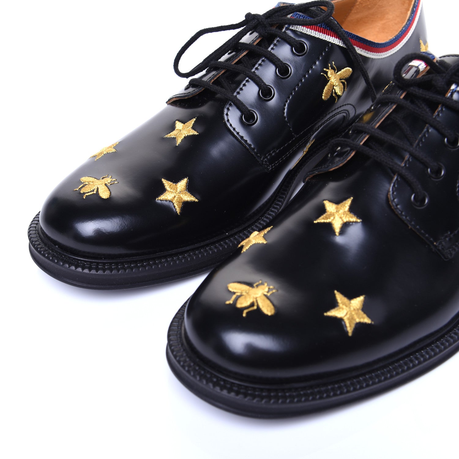 Gucci Patent Bee Star Embroidered Womens Derby Loafers 35 Black 7 of 14