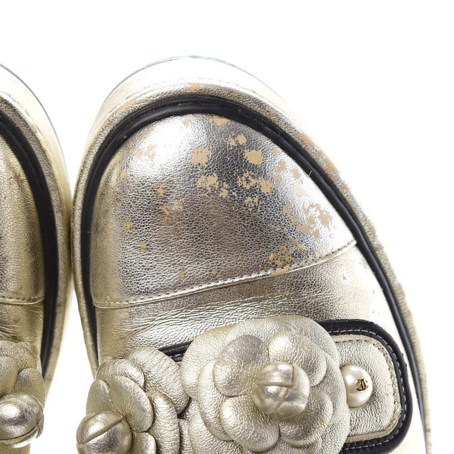 Metallic Lambskin Camellia High Top Sneakers 39 Gold