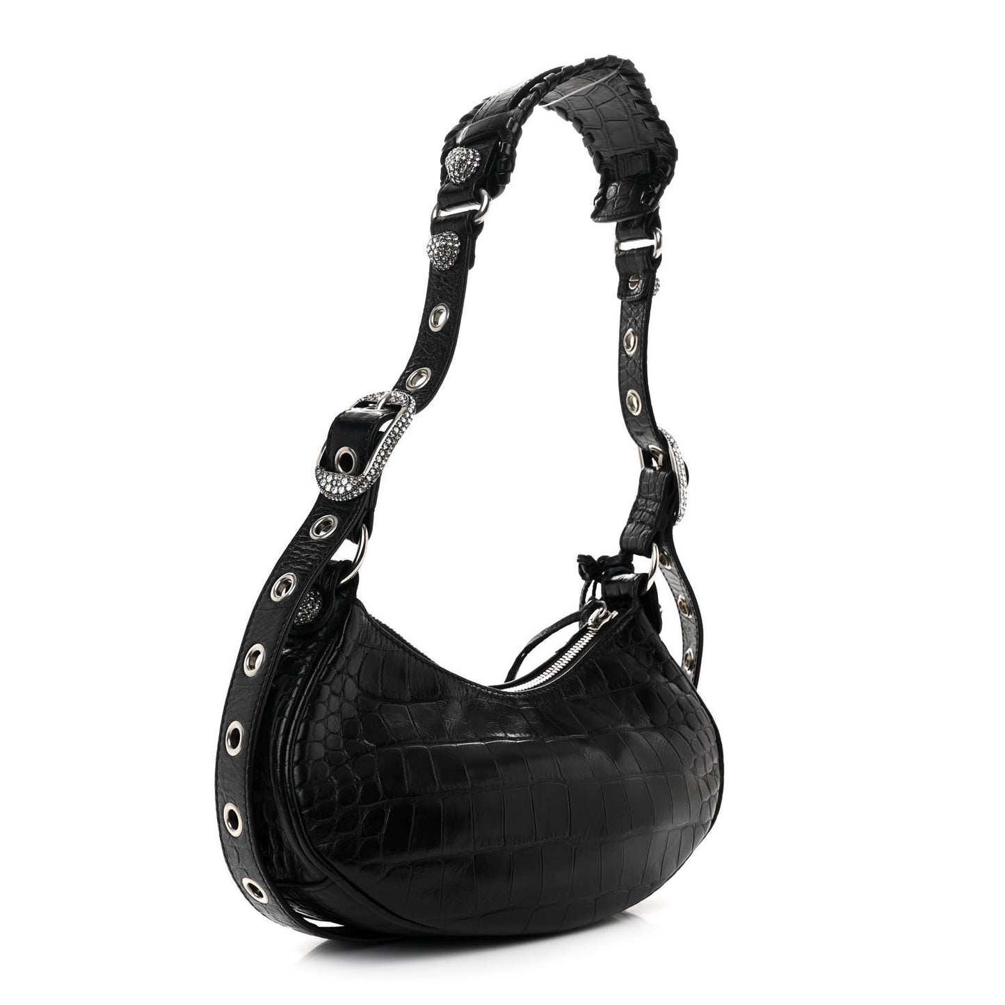 Extra Supple Calfskin Crystal Crocodile Embossed Le Cagole Shoulder Bag XS Black