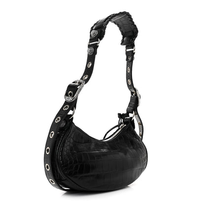 Balenciaga Extra Supple Calfskin Crystal Crocodile Embossed Le Cagole Shoulder Bag XS Black 4 of 12