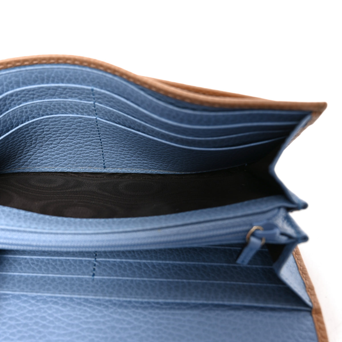 Dollar Calfskin Bi-Color Swing Continental Wallet Camelia Mineral Blue