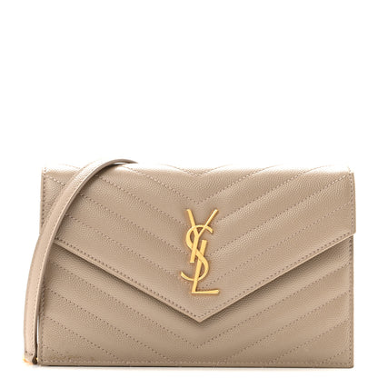 Saint Laurent Grain De Poudre Matelasse Chevron Monogram Envelope Chain Wallet Dark Beige 1 of 17