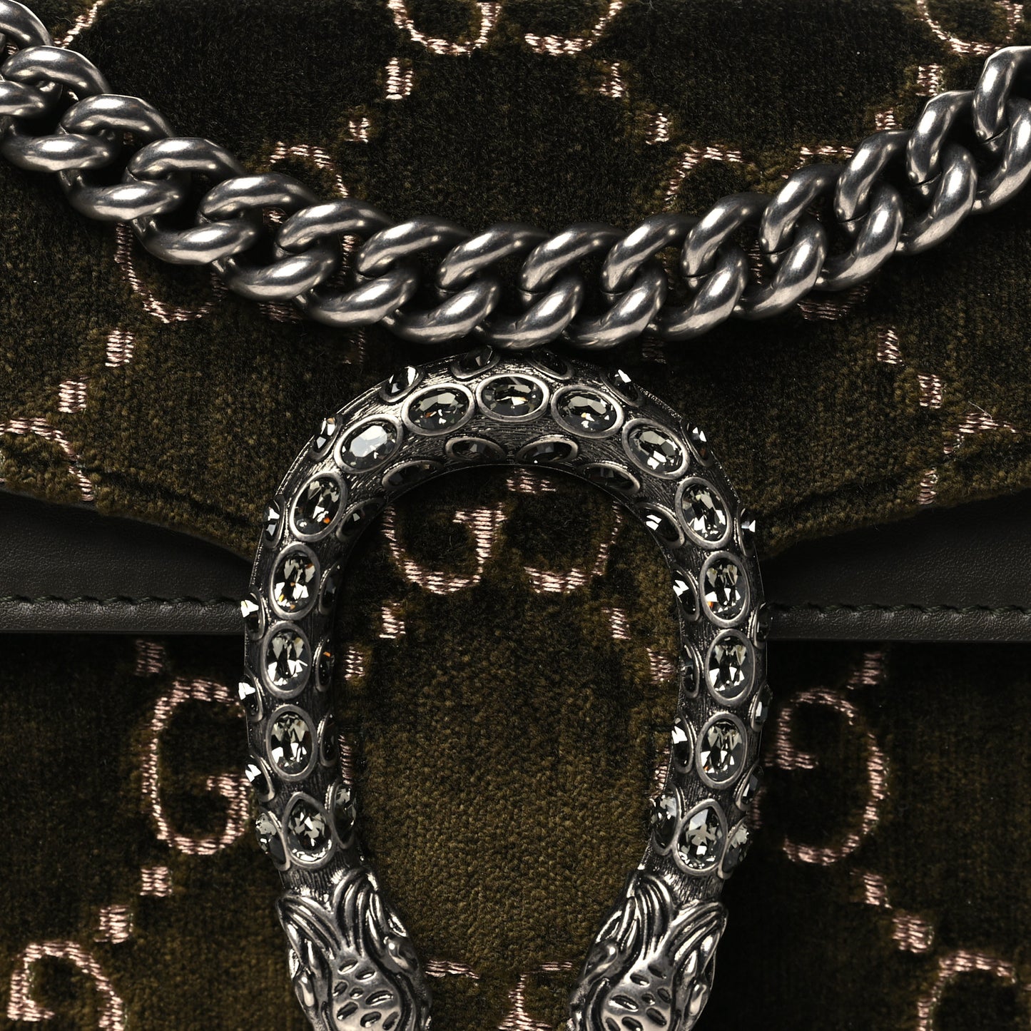 Velvet Moon Calfskin Crystal GG Monogram Small Dionysus Shoulder Bag  Dark Olive Rose Gold