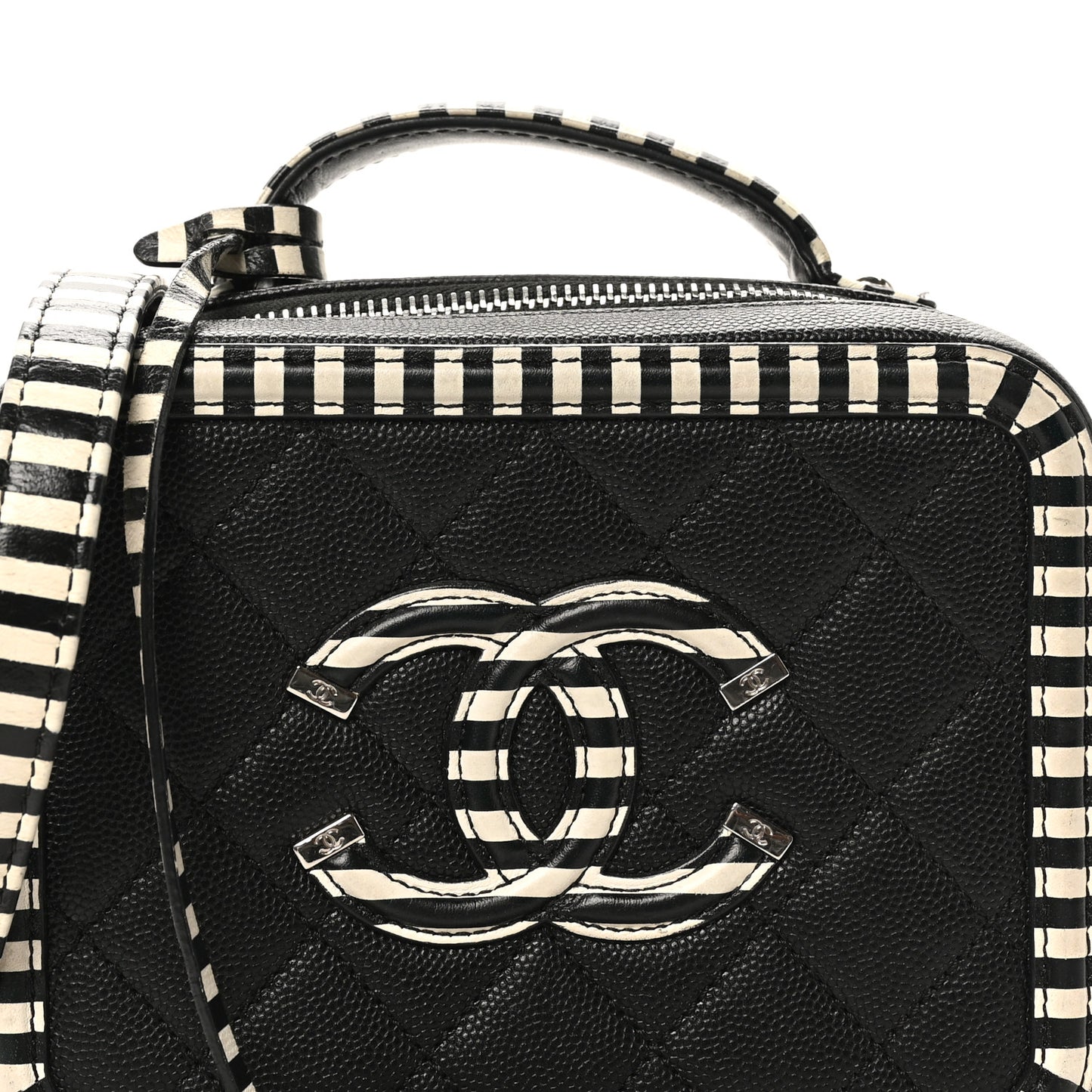 Caviar Quilted Striped Small CC Filigree Vanity Case Black White