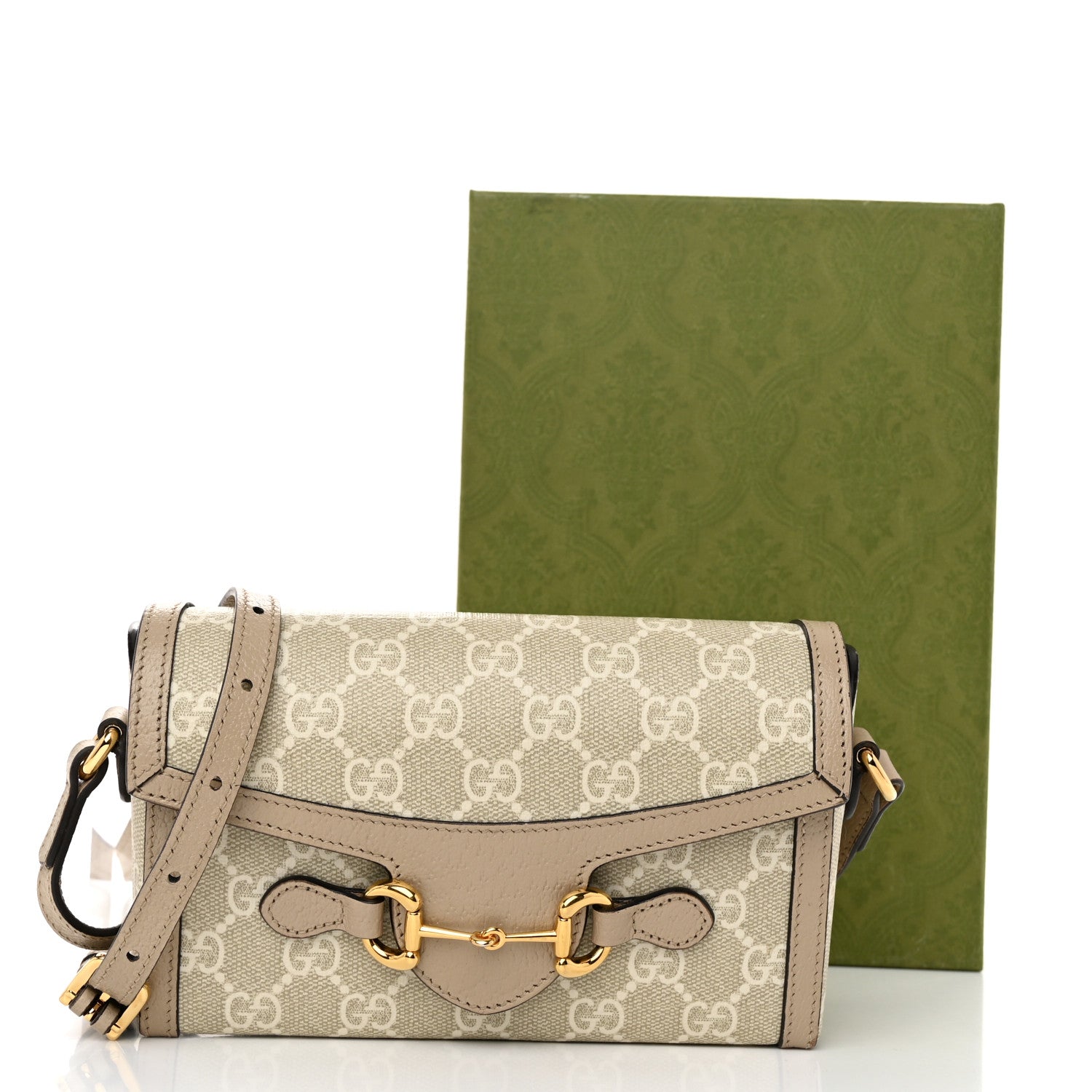 Gucci GG Supreme Monogram Textured Dollar Calfskin Mini Horsebit 1955 Shoulder Bag Beige Mystic White Oatmeal 11 of 11