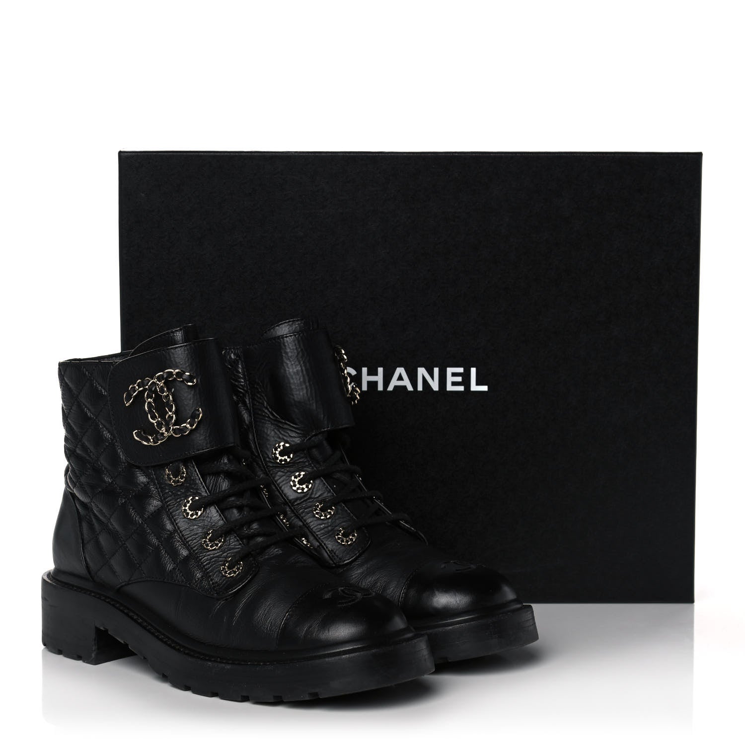 Chanel Shiny Goatskin Calfskin Quilted Lace Up Combat Boots 38.5 Black 11 of 11
