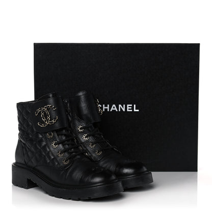 Chanel Shiny Goatskin Calfskin Quilted Lace Up Combat Boots 38.5 Black 11 of 11