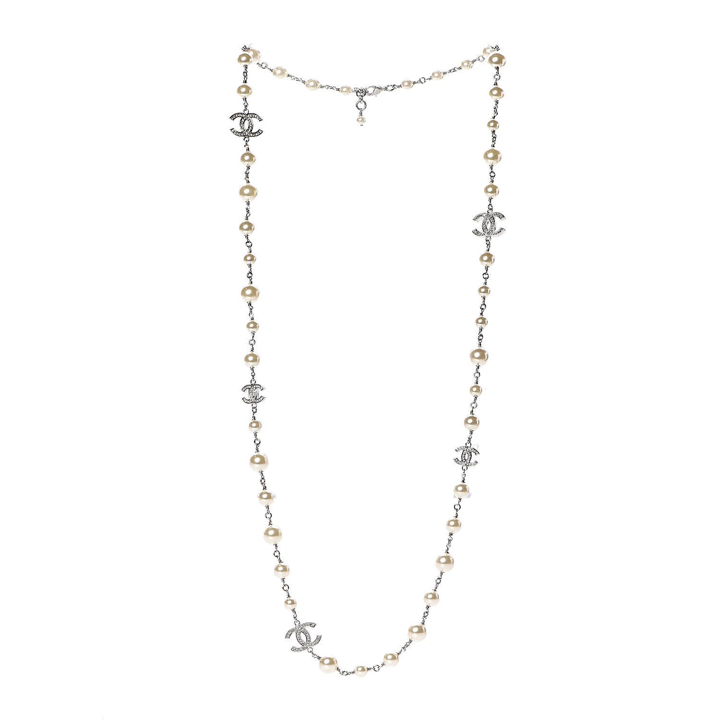 Graduated Pearl Crystal CC Long Necklace Silver