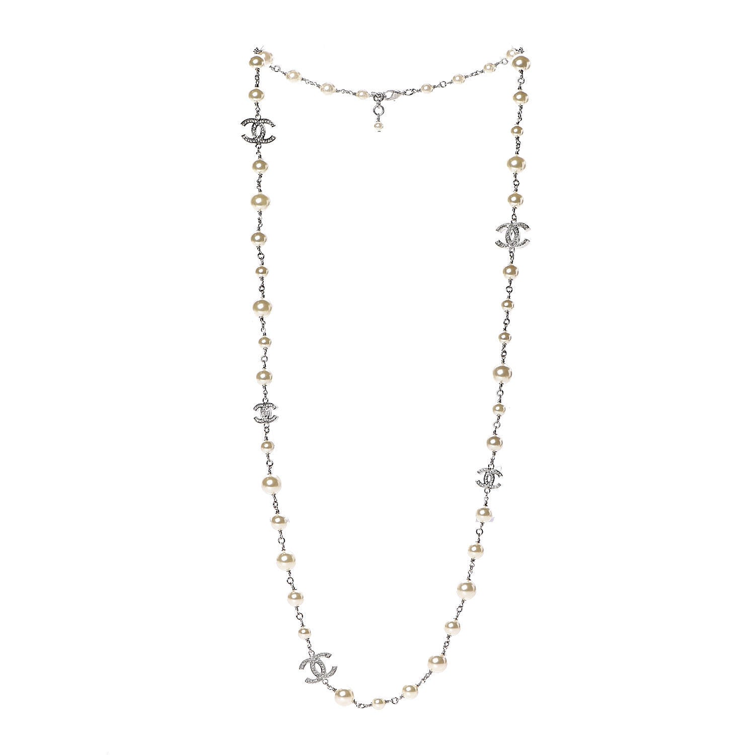 Chanel Graduated Pearl Crystal CC Long Necklace Silver 3 of 5